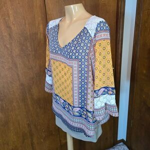 Figueroa & Flower Blouse Women Medium Multi Excellent Boho Patchwork Lace V-Neck
